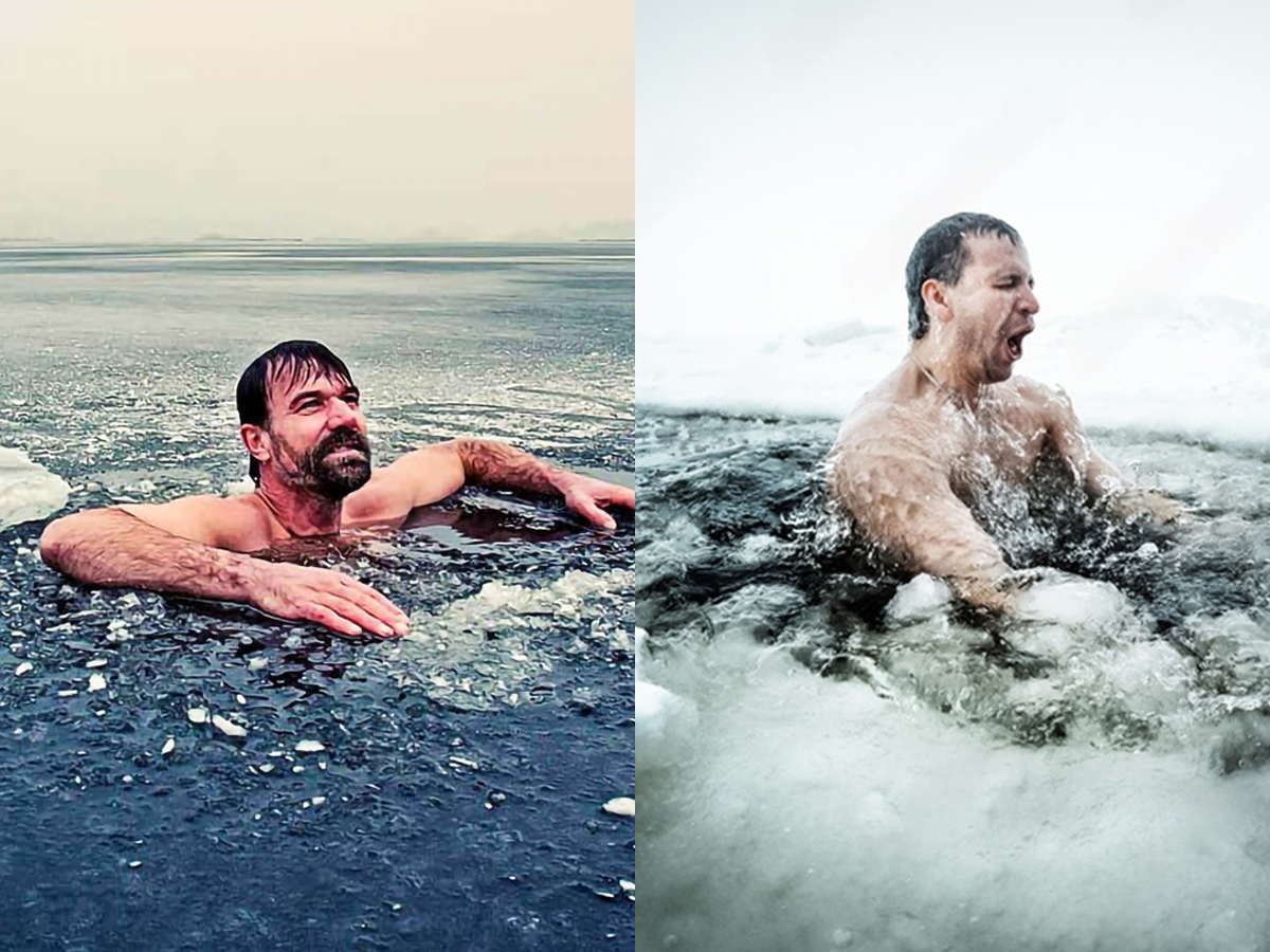 Image of Wim Hof and Stressed Out Man in Ice Water Wim Hof is Calm in the Ice Water Compared to the Other Man
